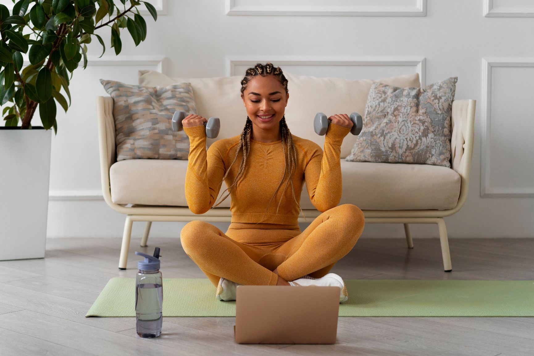 Women work out at home.