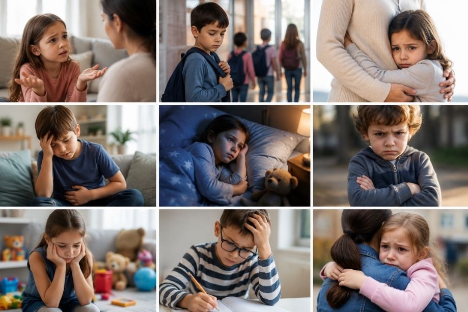 A collage featuring children expressing various emotions, including joy, sadness, surprise, and anger.